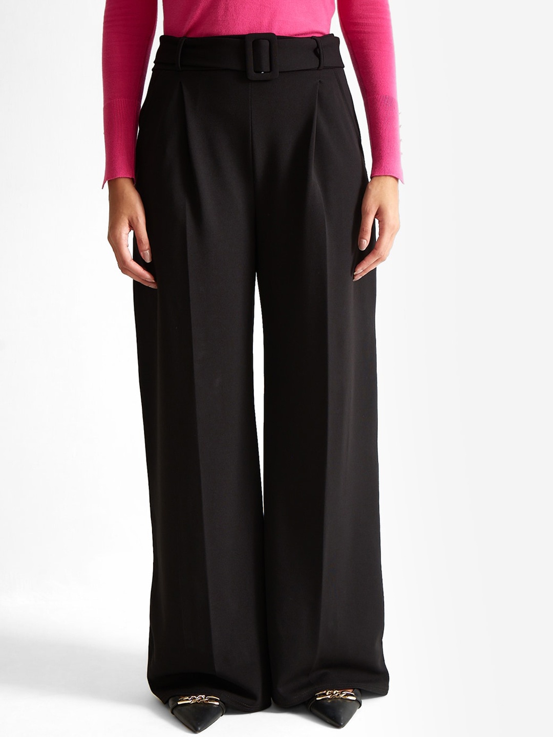 

COVER STORY Women Relaxed Straight Leg Loose Fit High-Rise Easy Wash Trousers, Black