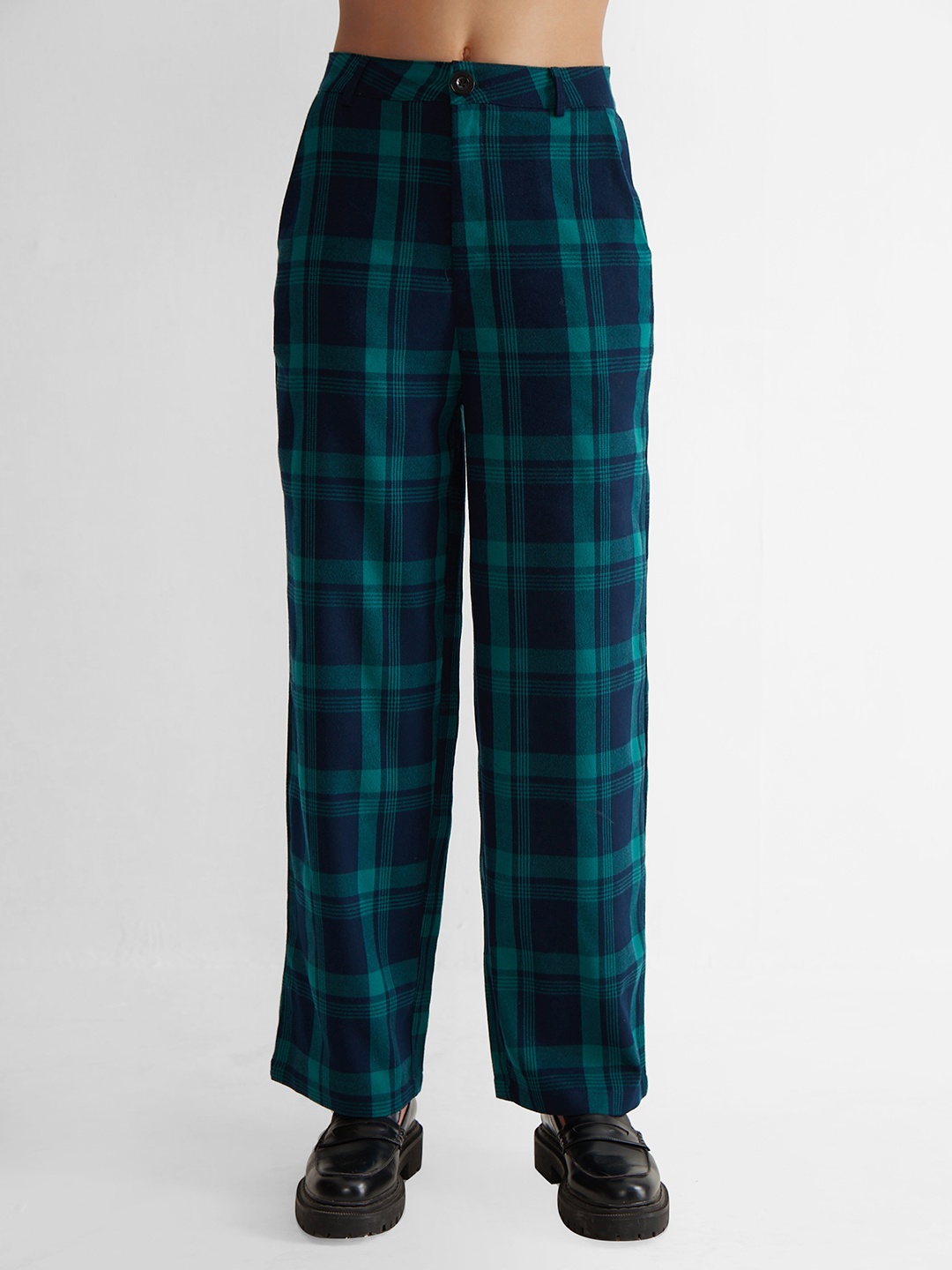 

COVER STORY Women Checked Relaxed Straight Fit High-Rise Easy Wash Pleated Trousers, Green