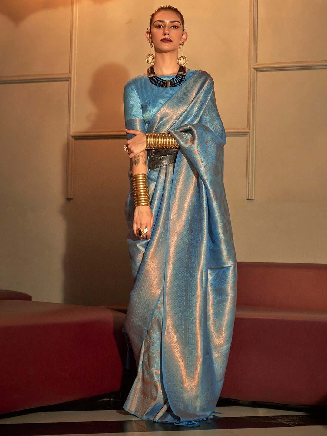 

Saree mall Woven Design Zari Silk Blend Kanjeevaram Sarees, Blue
