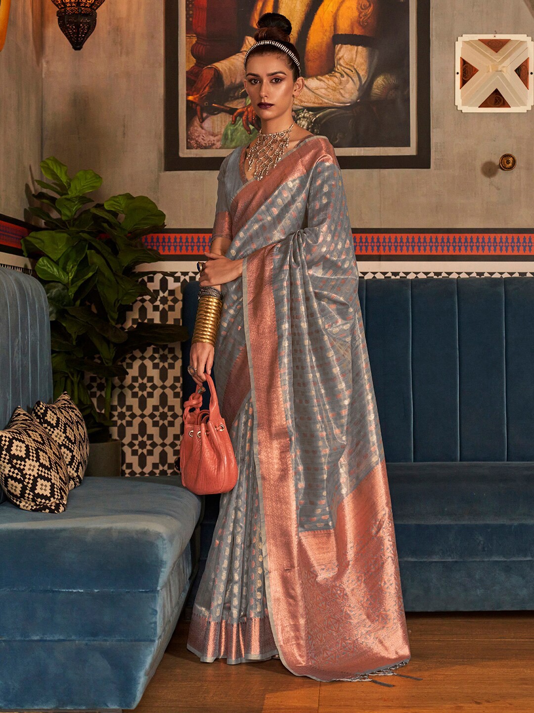 

Saree mall Paisley Zari Kanjeevaram Traditional Sarees, Grey