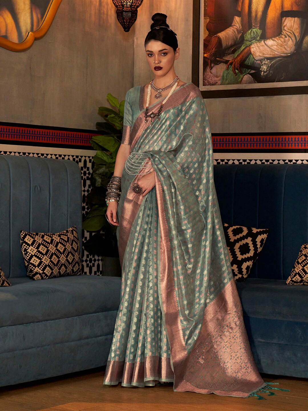 

Saree mall Paisley Zari Kanjeevaram Traditional Sarees, Sea green
