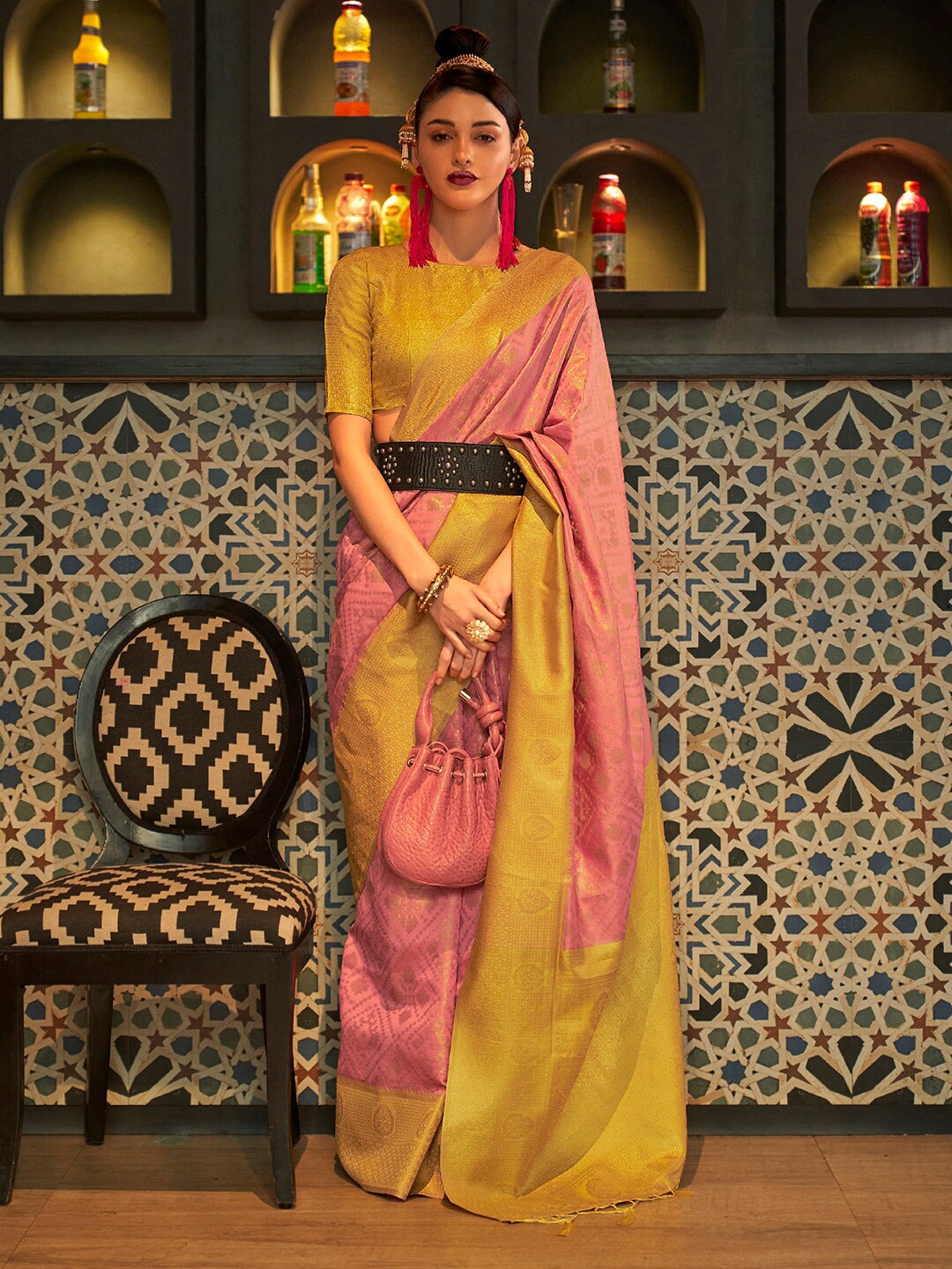 

Saree mall Zari Geometric Kanjeevaram Traditional Sarees, Mustard