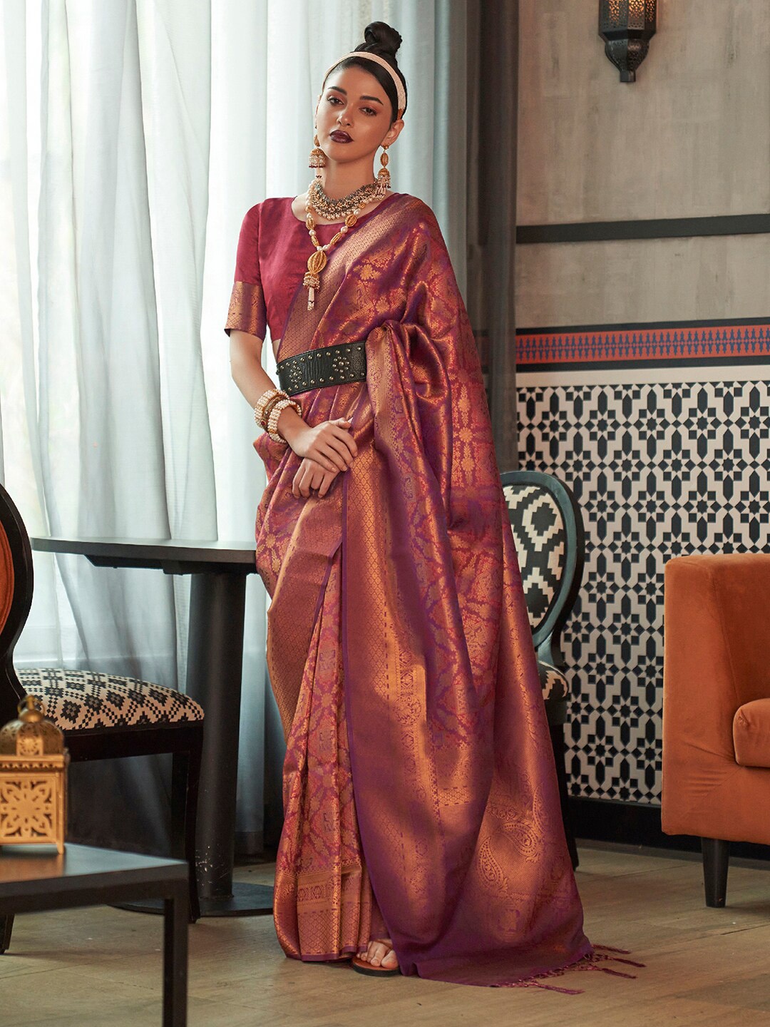 

Saree mall Woven Design Zari Silk Blend Kanjeevaram Sarees, Purple