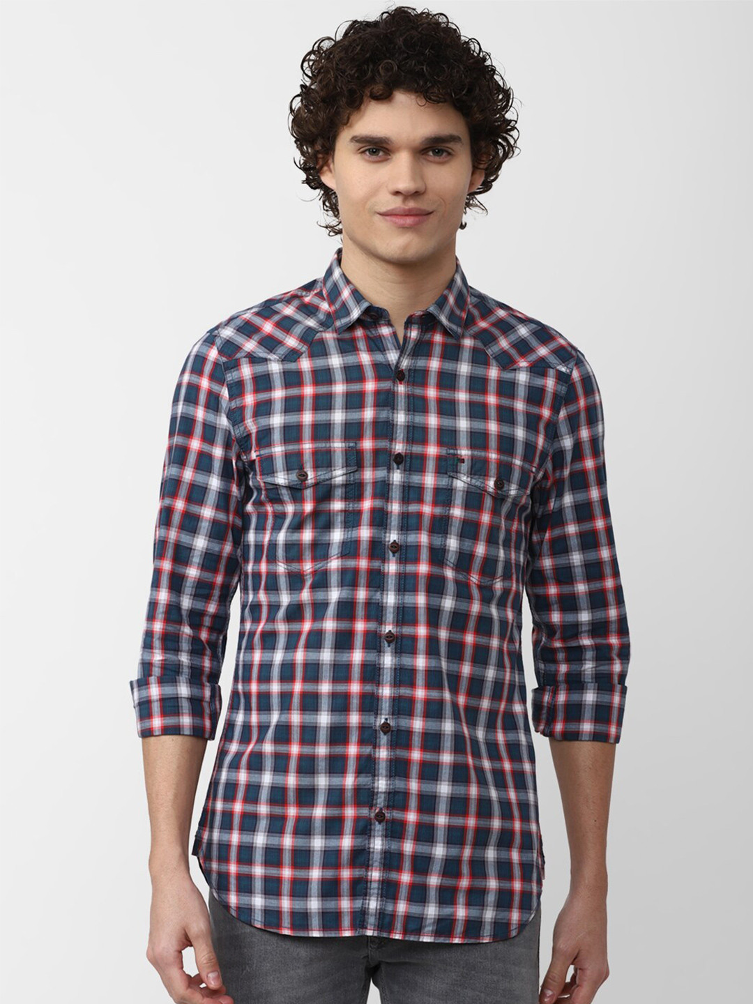 

Peter England Casuals Men Slim Fit Checked Pure Cotton Casual Shirt, Navy blue