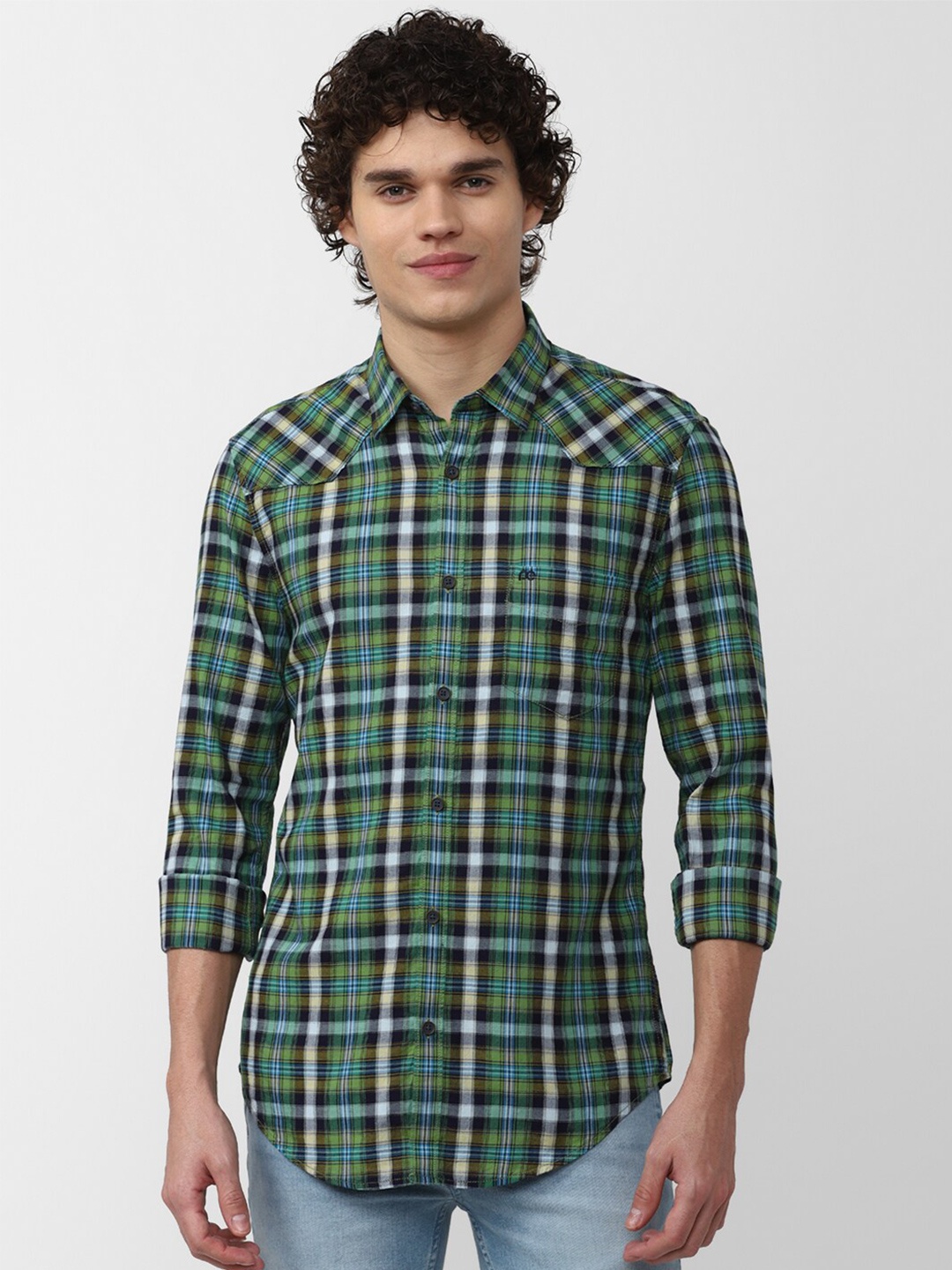 

Peter England Casuals Men Slim Fit Tartan Checked Pure Cotton Casual Shirt, Green