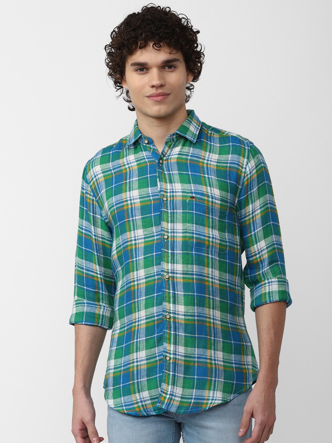 

Peter England Casuals Men Slim Fit Tartan Checked Pure Linen Casual Shirt, Green