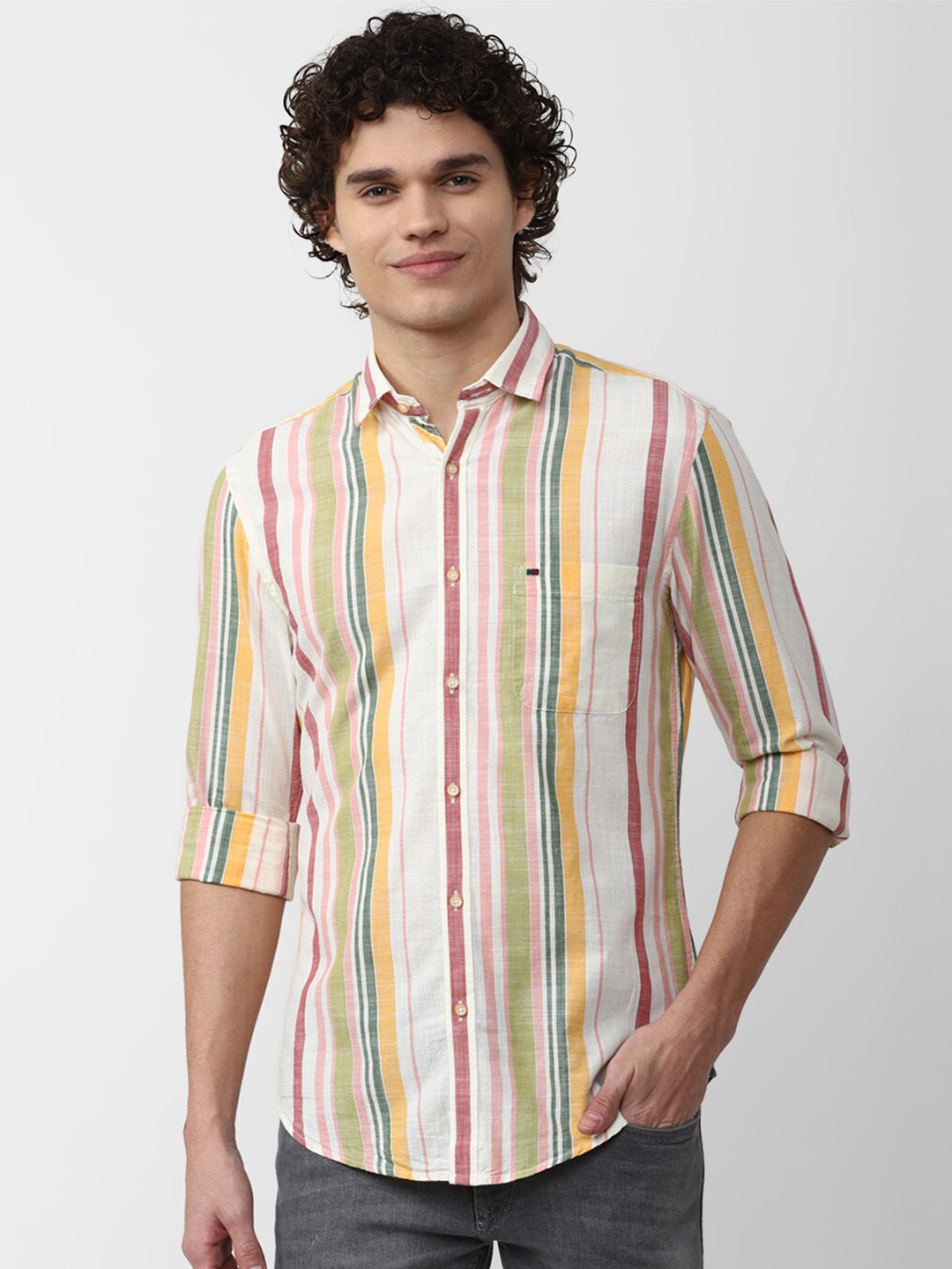 

Peter England Casuals Men Slim Fit Multi Striped Pure Cotton Casual Shirt, Cream
