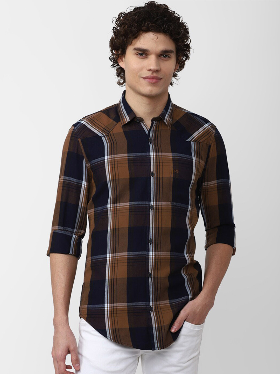 

Peter England Casuals Men Checked Cotton Slim Fit Casual Shirt, Brown