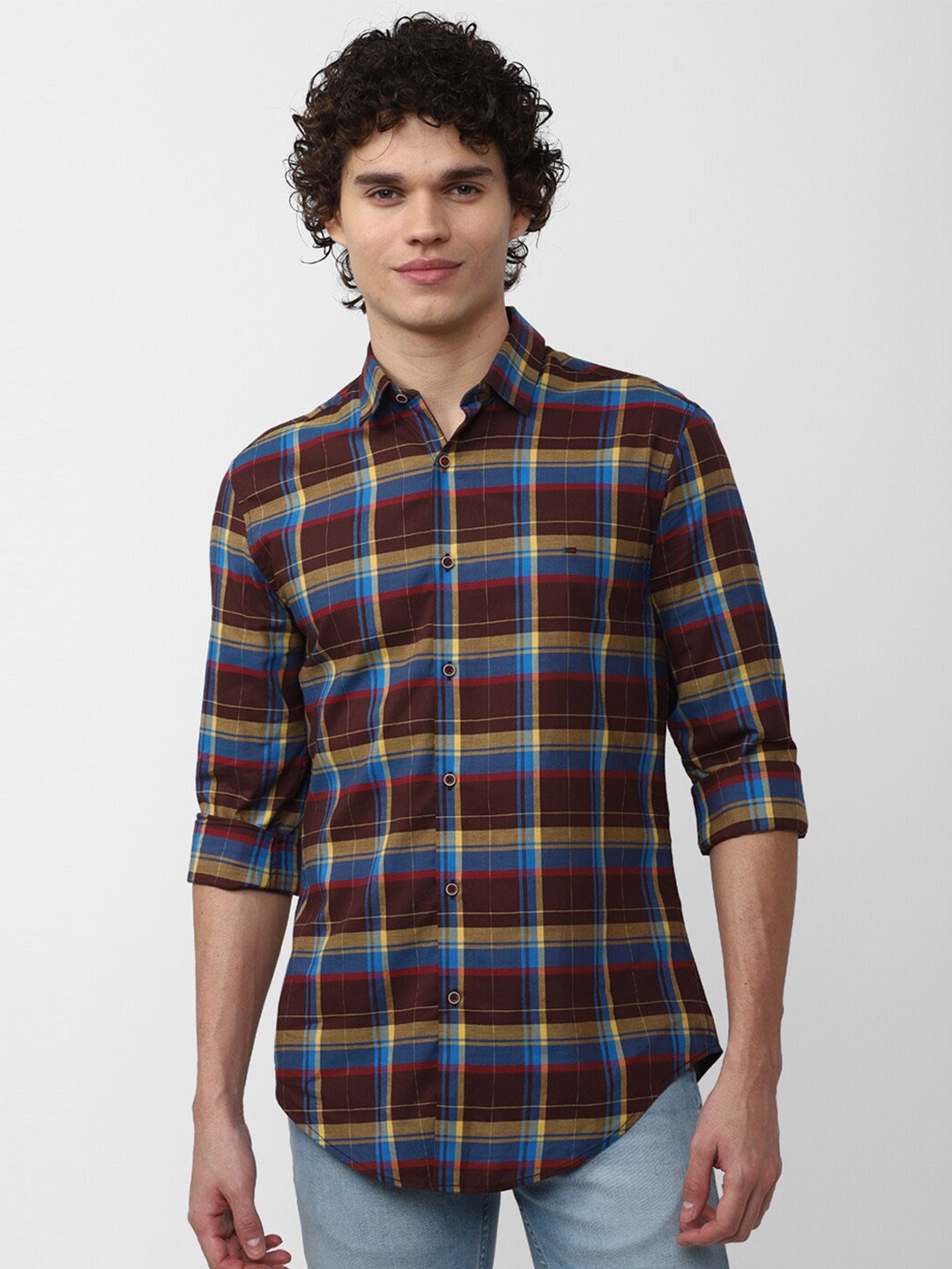 

Peter England Casuals Men Tartan Checked Cotton Slim Fit Casual Shirt, Brown