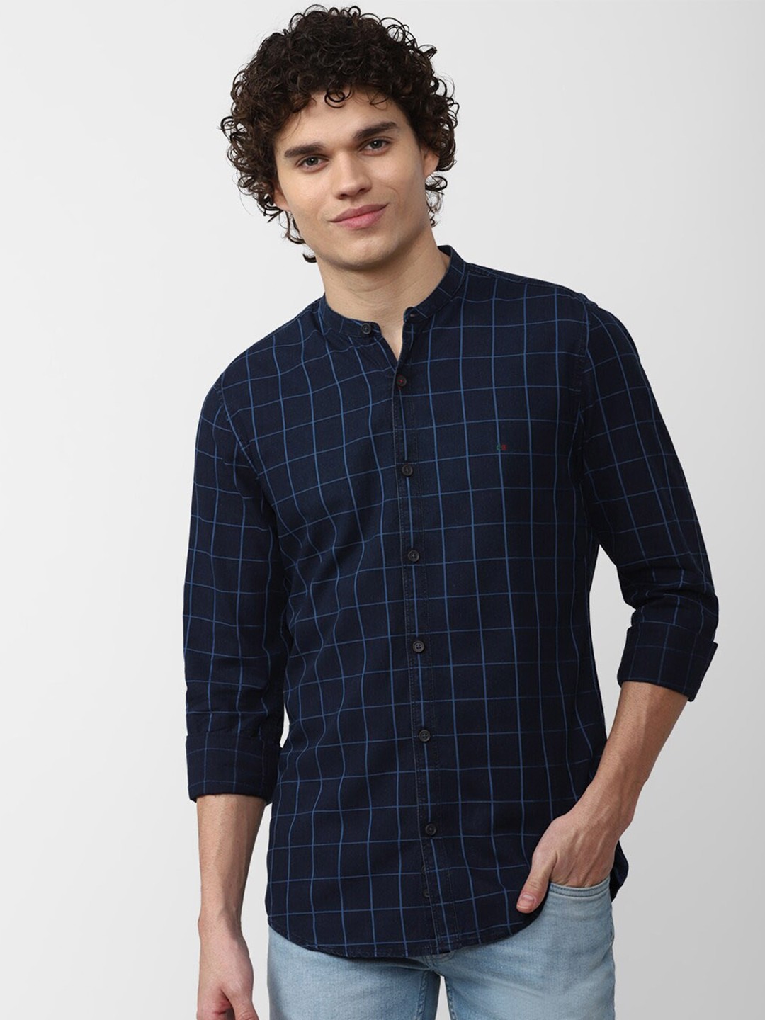 

Peter England Casuals Men Windowpane Checked Cotton Slim Fit Casual Shirt, Navy blue
