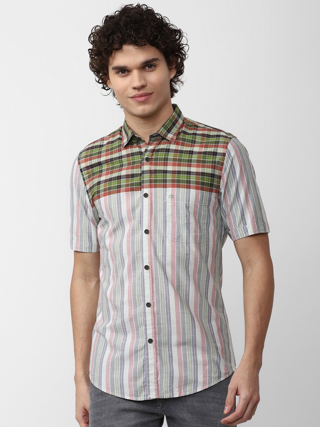 

Peter England Casuals Men Slim Fit Multi Stripes Striped Cotton Casual Shirt, Green