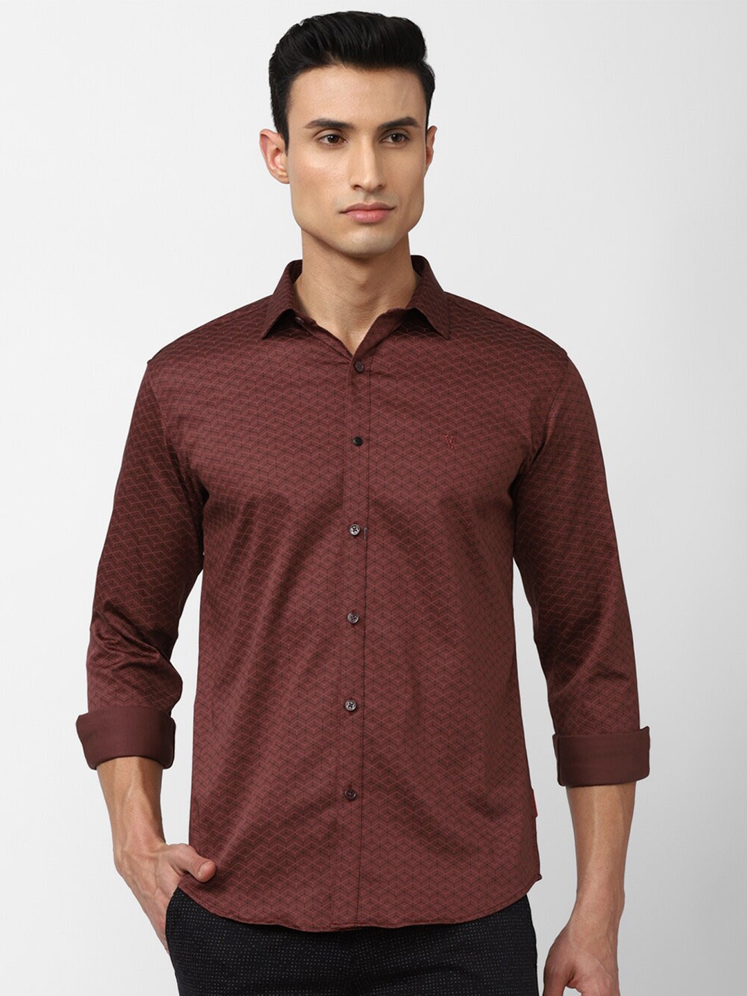 

V Dot Men Slim Fit Printed Formal Shirt, Brown