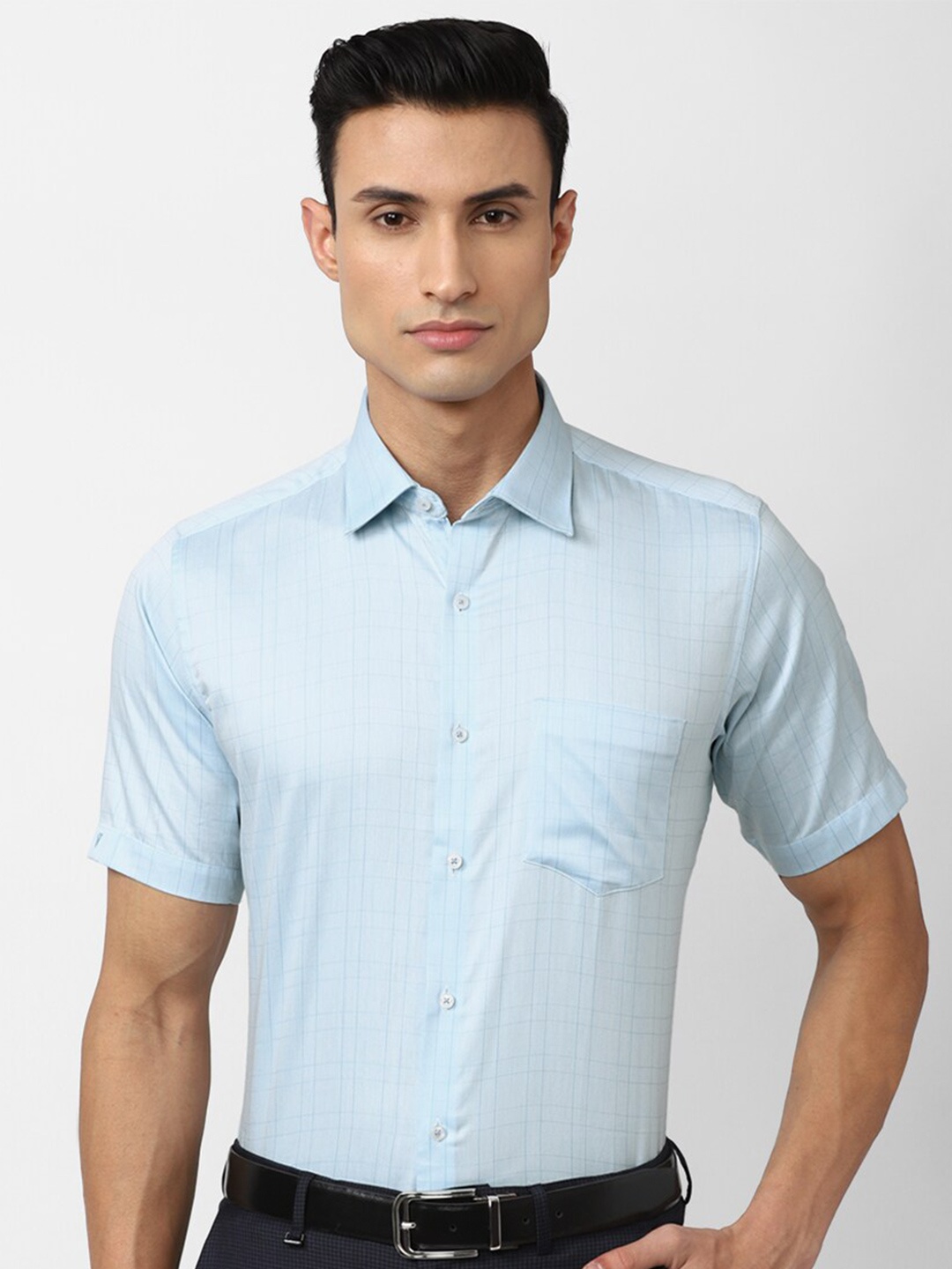 

Van Heusen Men Grid Tattersall Checks Pure Cotton Formal Shirt, Blue