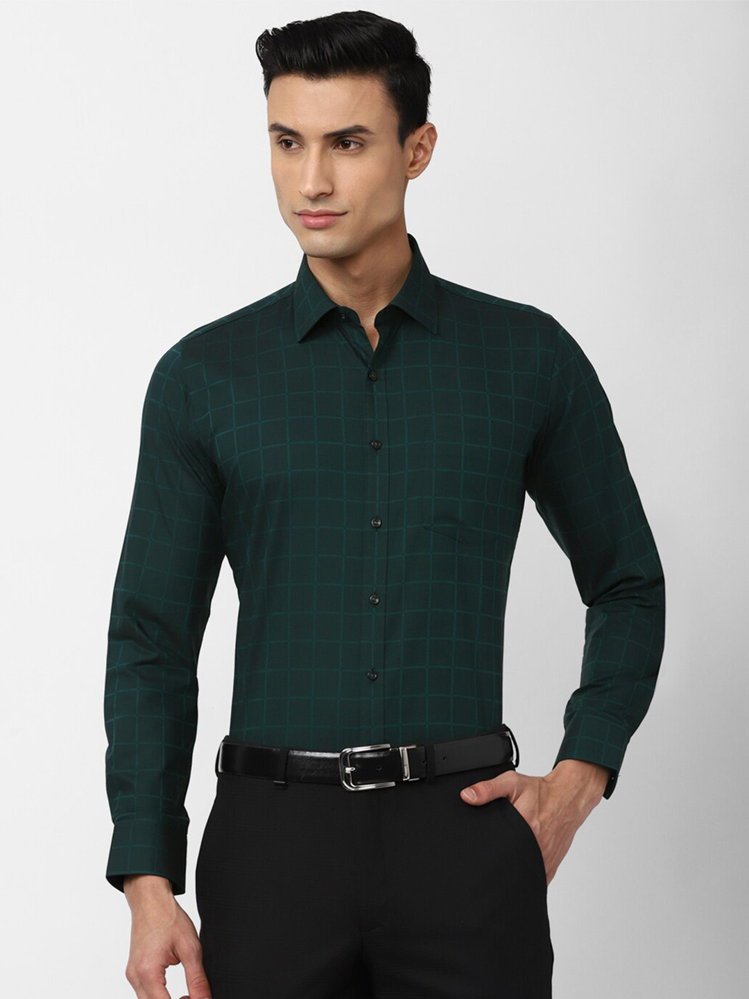 

Van Heusen Men Slim Fit Grid Tattersall Checks Pure Cotton Formal Shirt, Green