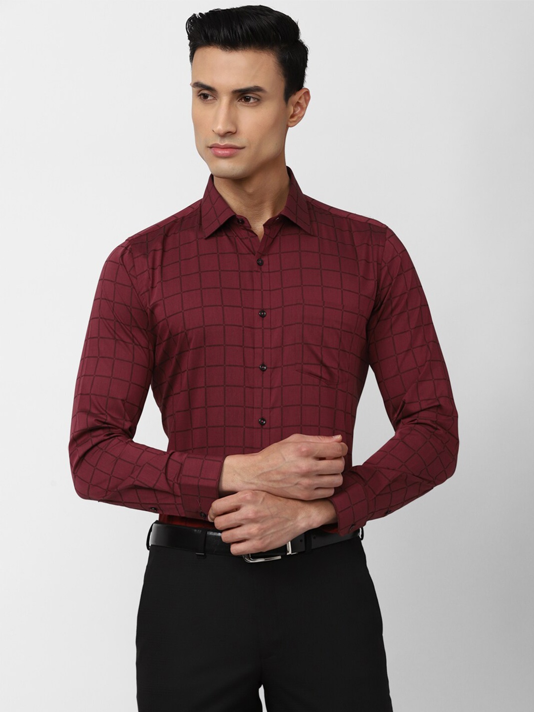 

Van Heusen Men Slim Fit Windowpane Checks Pure Cotton Formal Shirt, Maroon