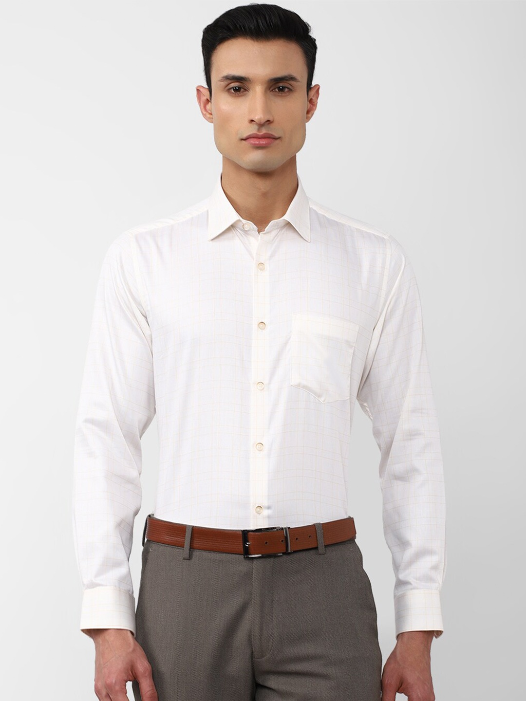 

Van Heusen Men Grid Tattersall Checked Cotton Formal Shirt, Cream