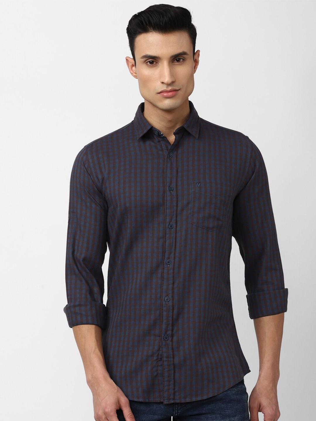 

VAN HEUSEN DENIM LABS Men Slim Fit Buffalo Checked Casual Shirt, Navy blue