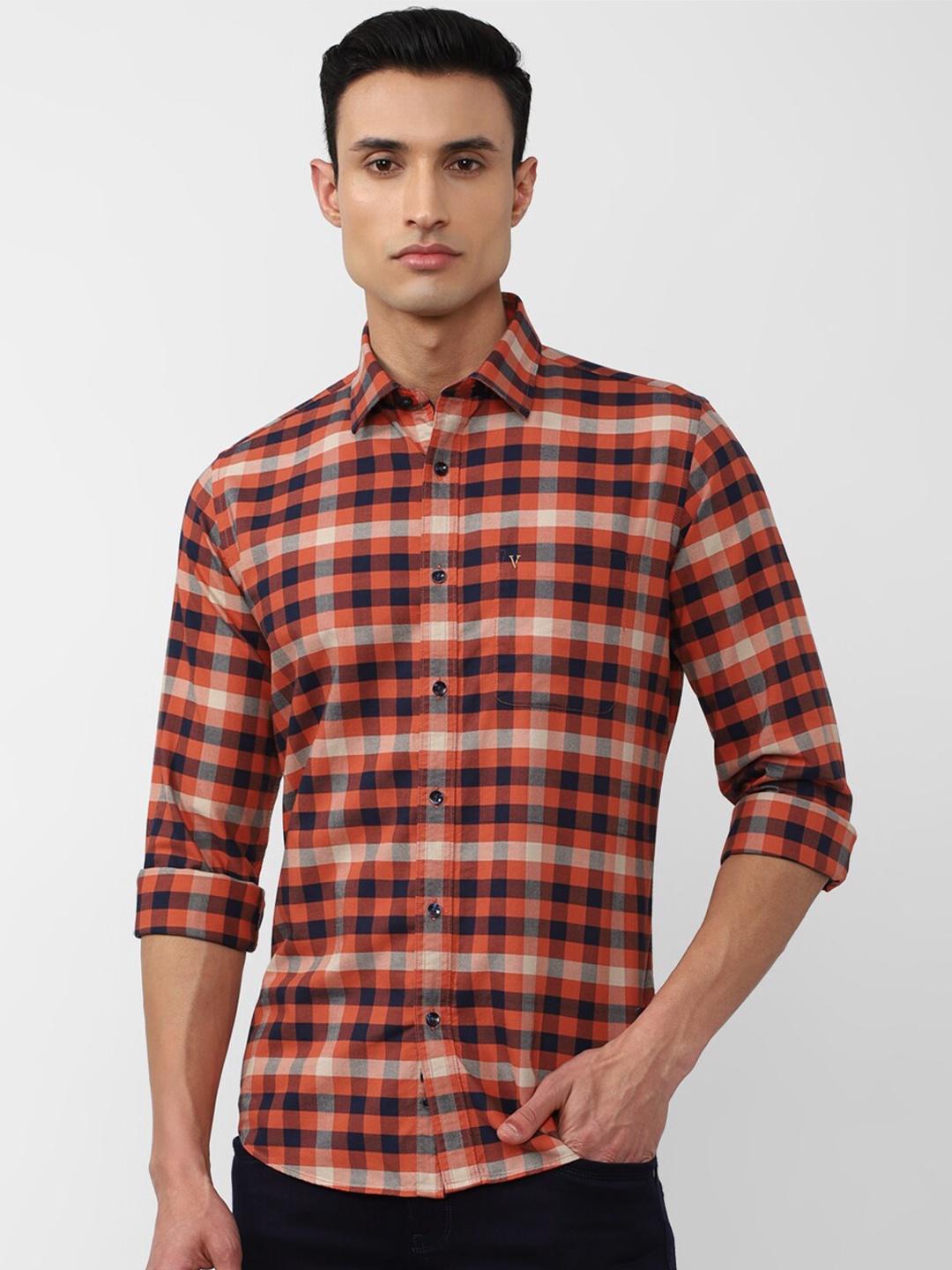 

Van Heusen Sport Men Slim Fit Tartan Checked Pure Cotton Casual Shirt, Orange