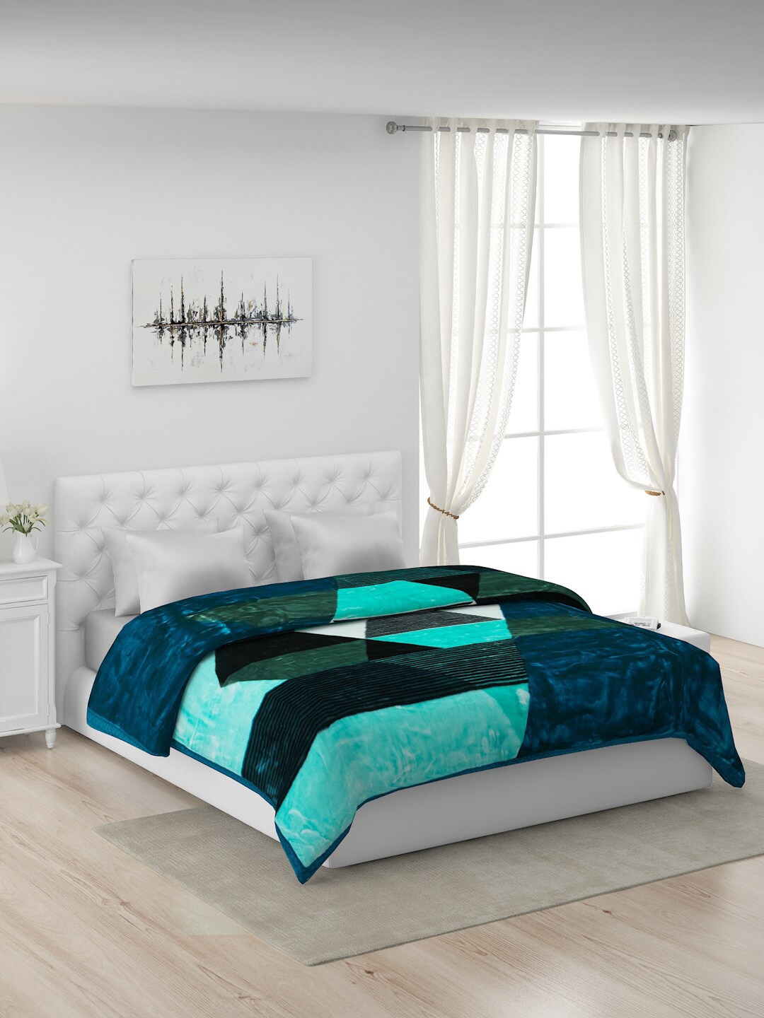 

Monte Carlo Blue & Green Geometric Heavy Winter 2 Ply 1000 GSM Double Bed Blanket