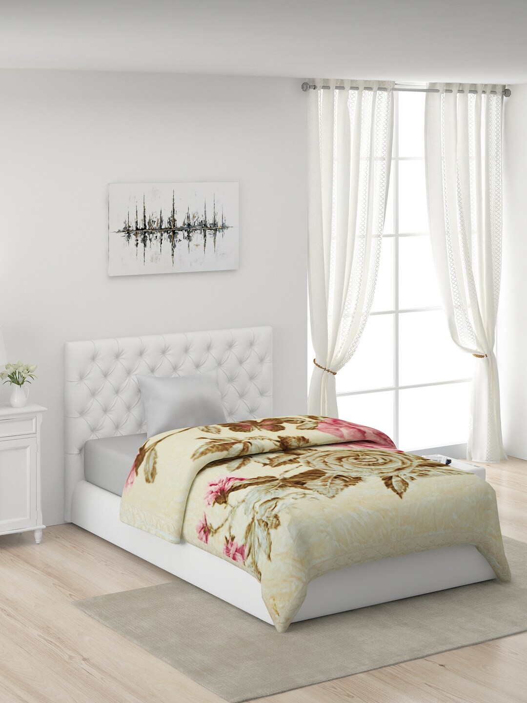 

Monte Carlo Green & Peach-Coloured Floral Mild Winter 600 GSM Single Bed Blanket