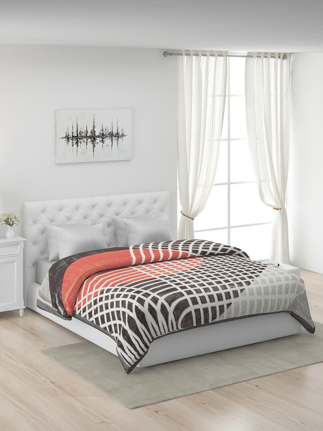 

Monte Carlo Grey & Peach-Coloured 1000 GSM Geometric Mild Winter Double Bed Blanket