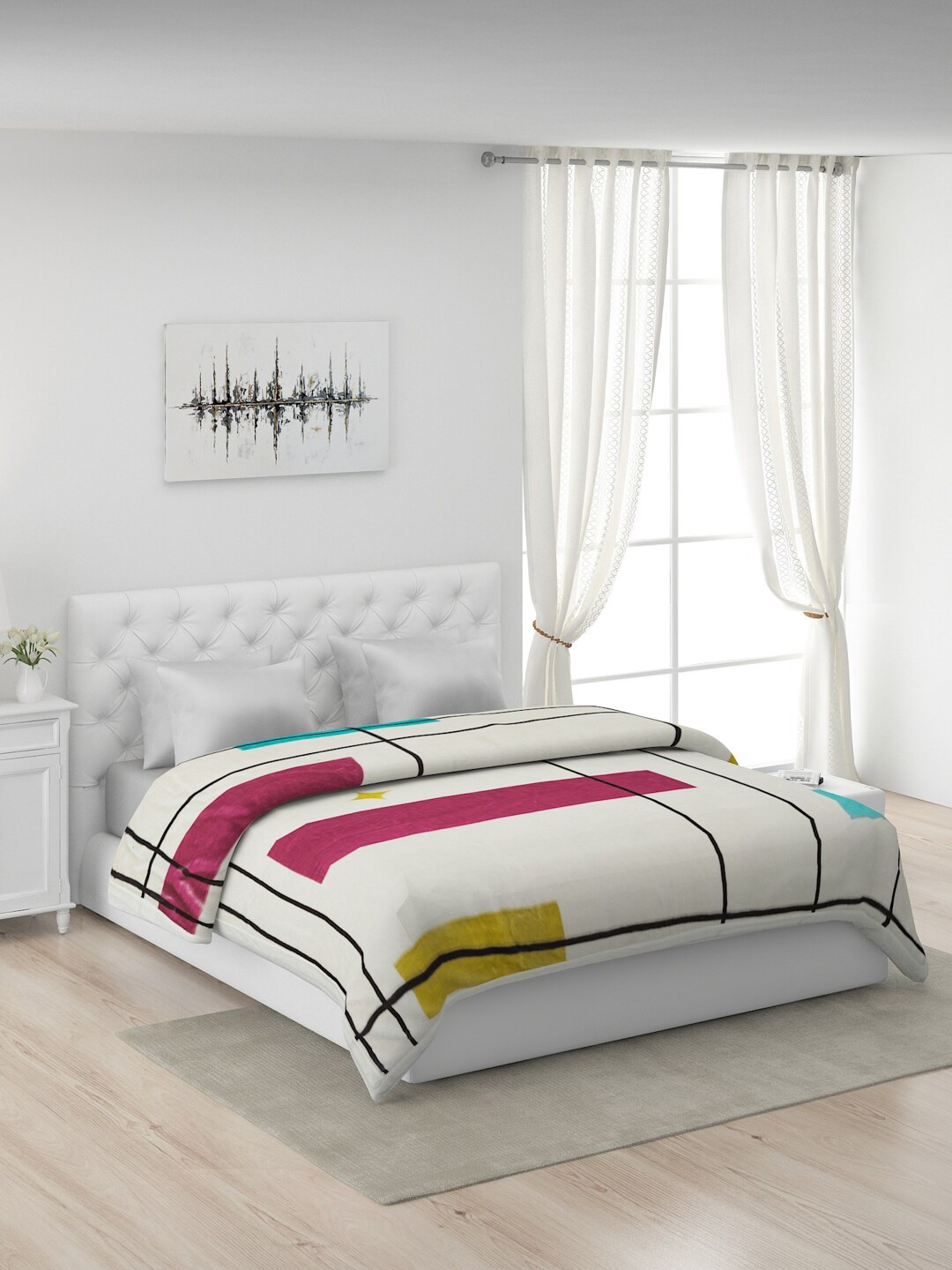 

Monte Carlo White & Pink Geometric Heavy Winter 600 GSM Double Bed Blanket