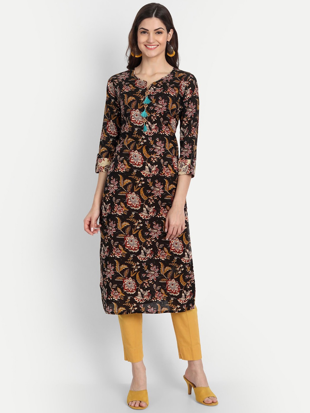 

SUTI Floral Printed Straight Regular Cotton Kurta, Black