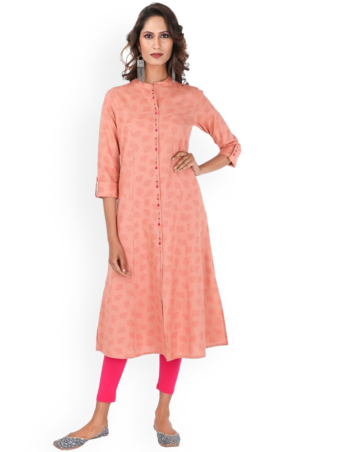 

SUTI Floral Printed Mandarin Collar A-Line Regular Kurta, Coral