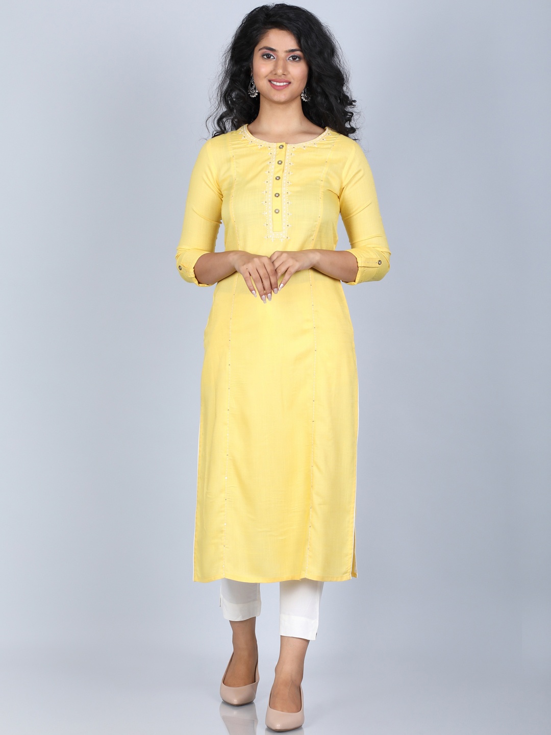 

SUTI Floral Embroidered Thread Work Straight Cotton Kurta, Yellow