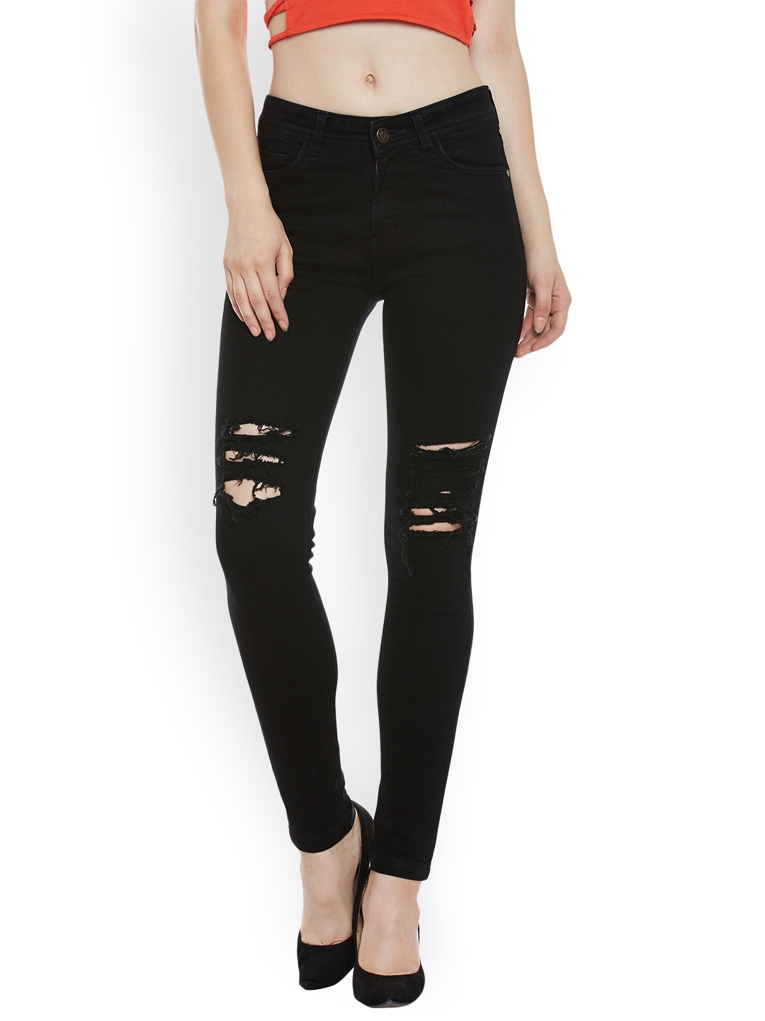 

Miss Chase Women Black Slim Fit High-Rise Mildly Distressed Jeans