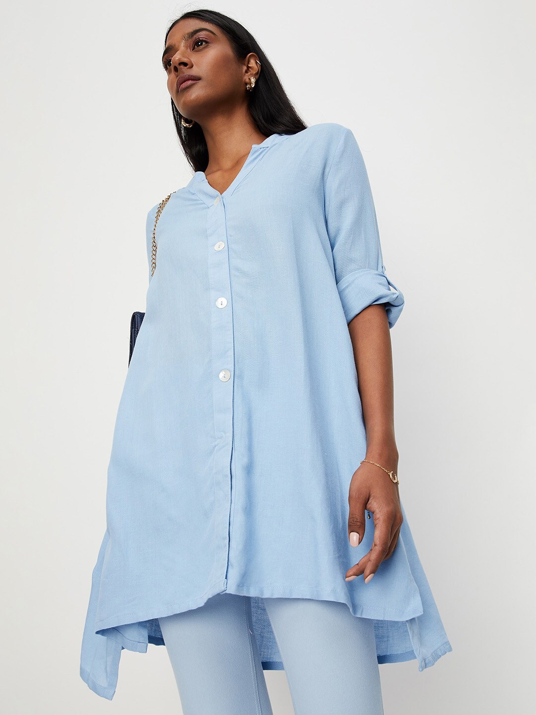 

max Viscose Rayon Mandarin Collar Tunic, Blue