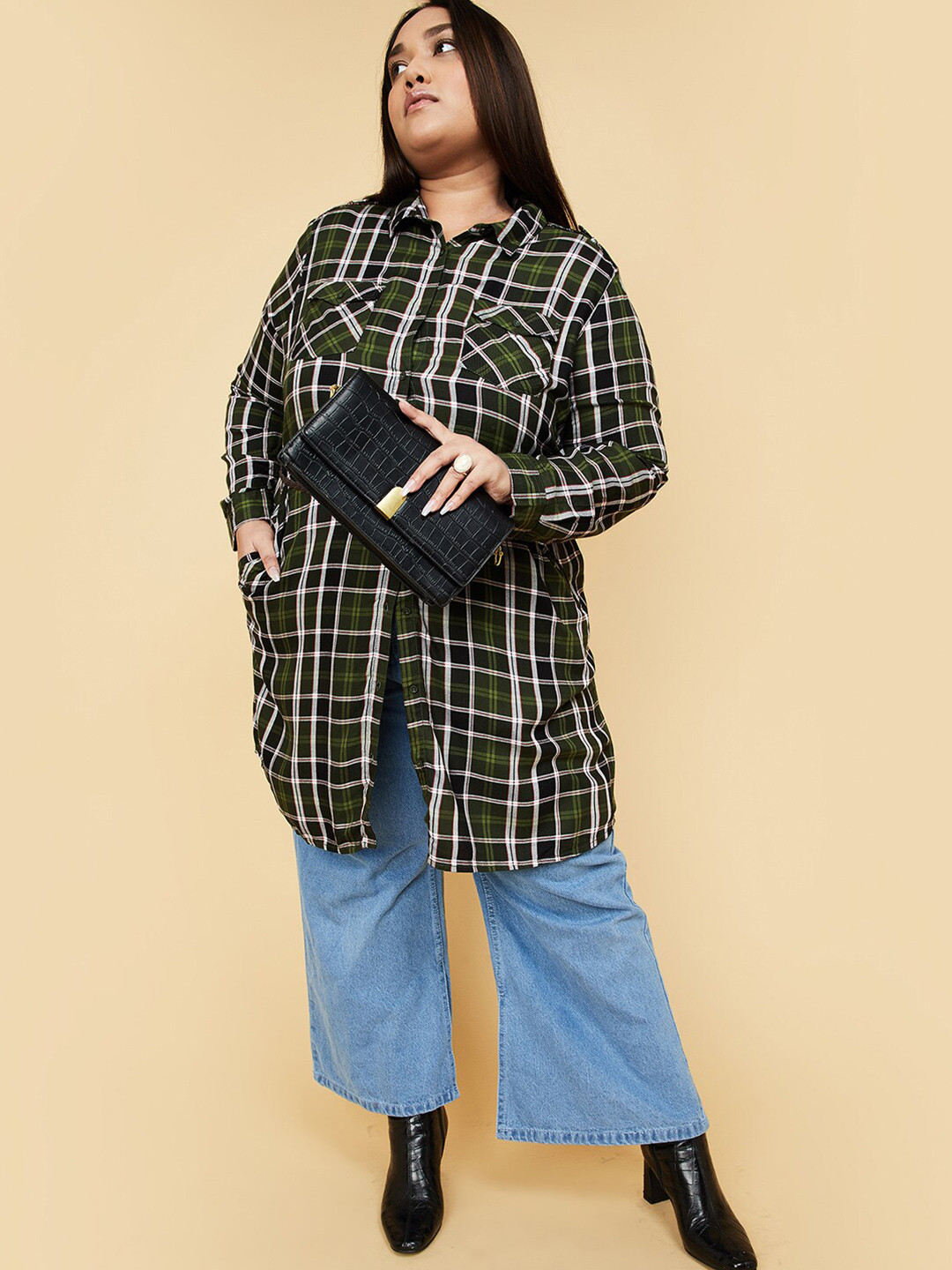 

max Viscose Rayon Shirt Collar Checked Tunic, Green