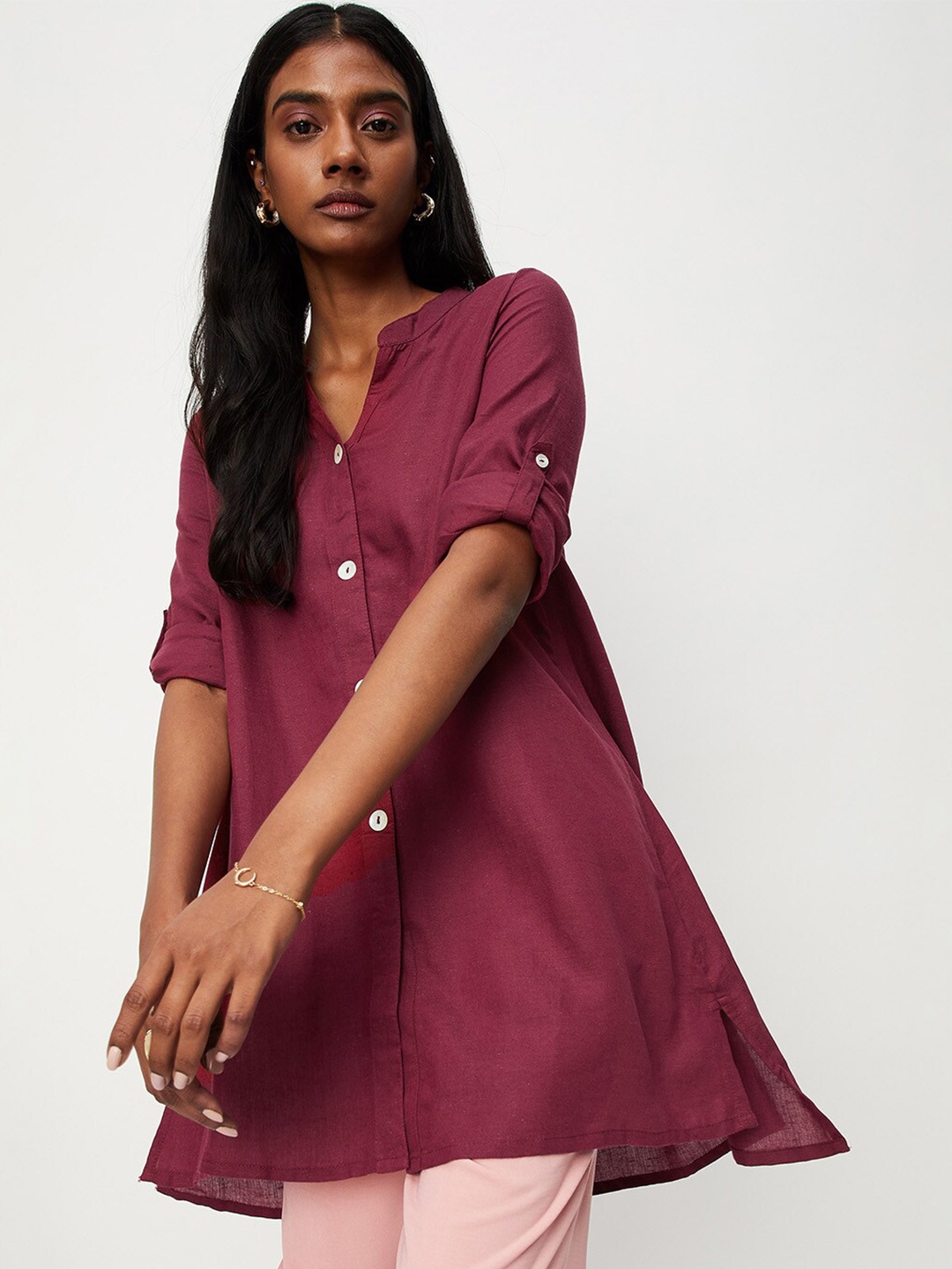 

max Viscose Rayon Mandarin Collar Tunic, Maroon