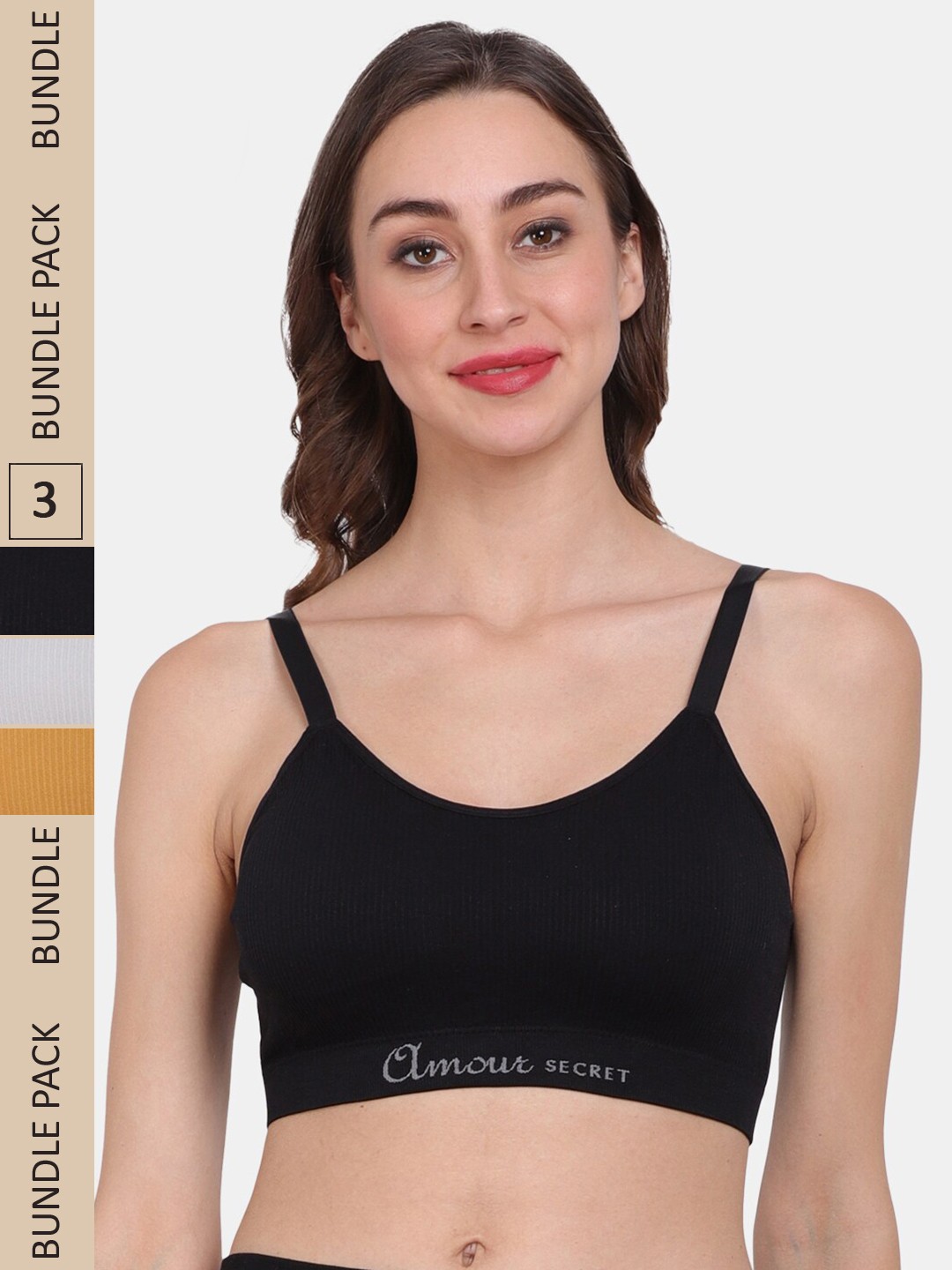 

Amour Secret Pack of 3 Striped Removable Lightly Padded Sports Bra, Black