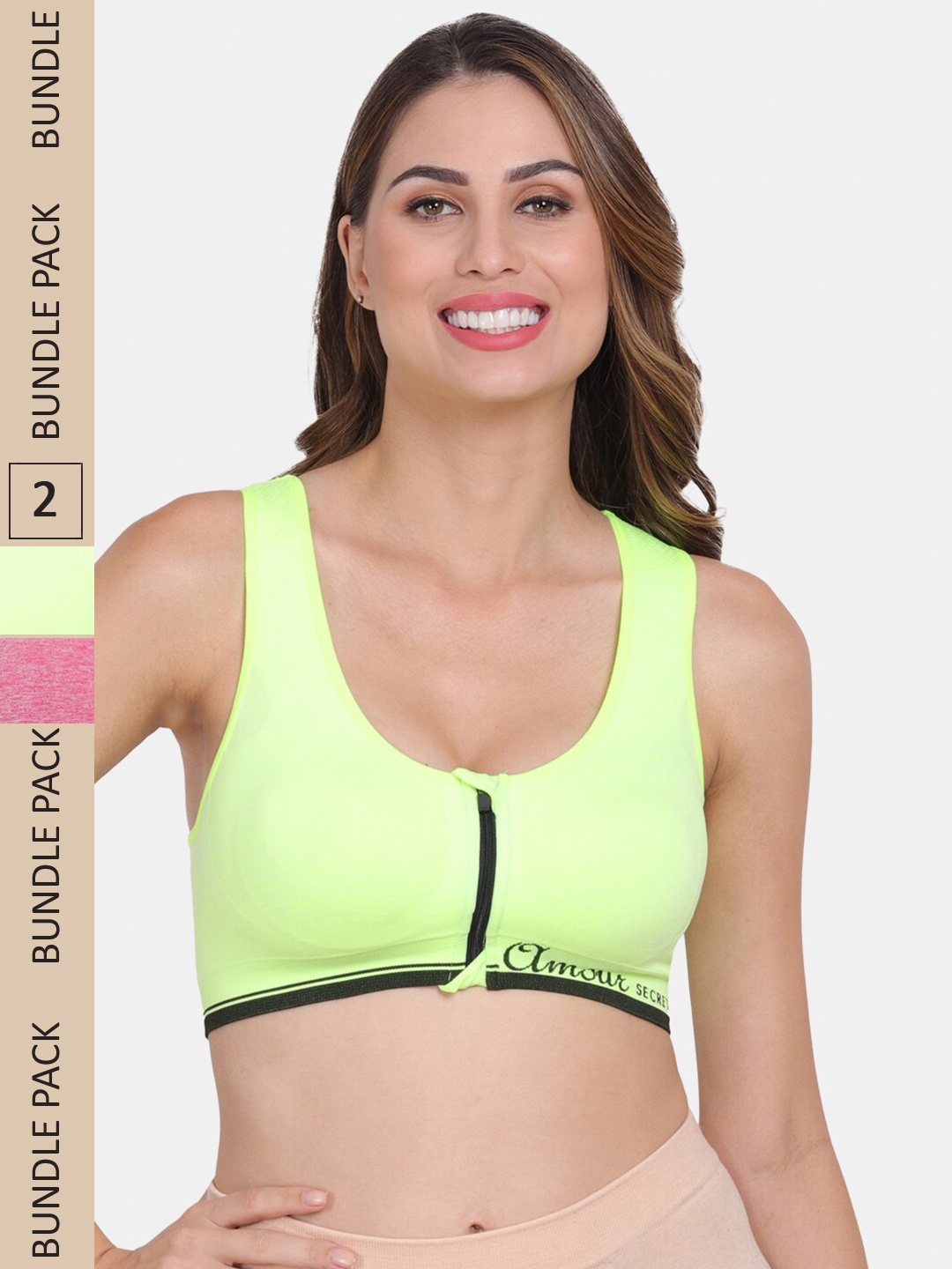 

Amour Secret Pack of 2 Lightly Padded Front Zipper Open Sports Bra, Green