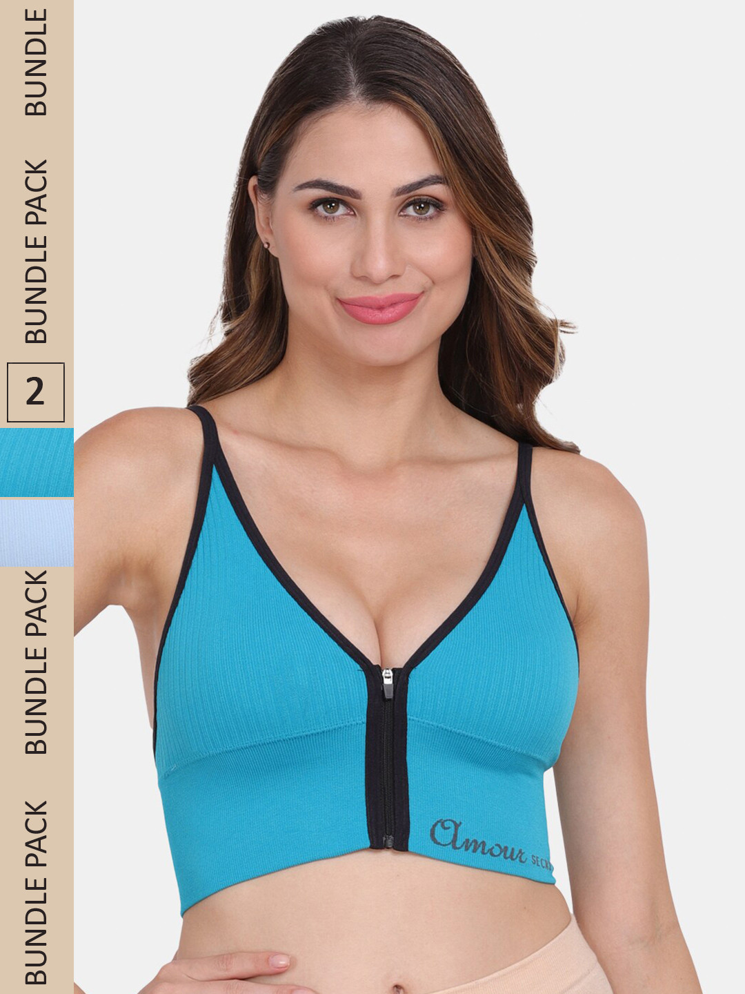 

Amour Secret Pack of 2 Lightly Padded Front Zipper Open Sports Bra, Blue