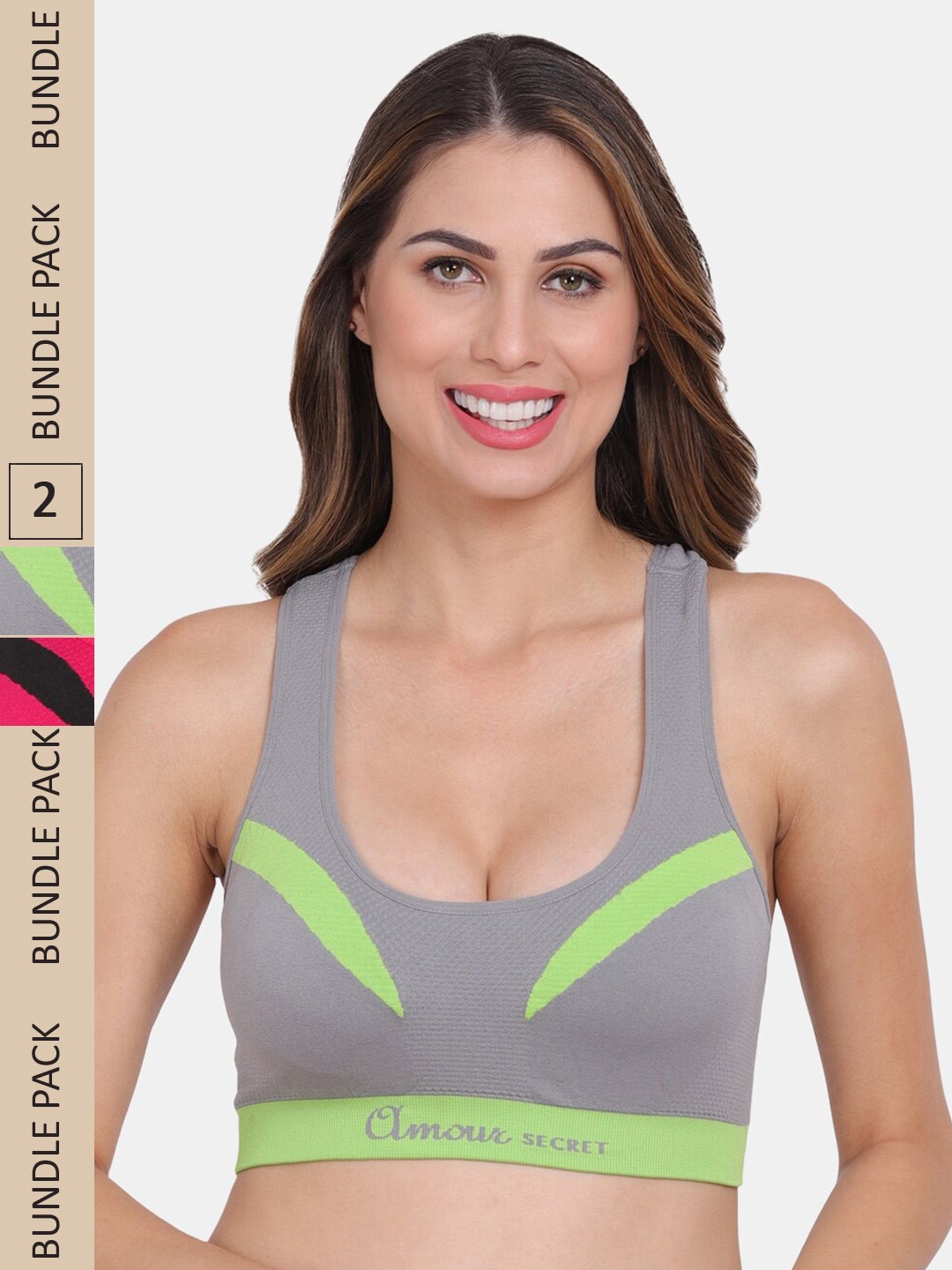 

Amour Secret Pack Of 2 Removable Lightly Padded & Non-Wired Racerback Seamless Workout Bra, Grey