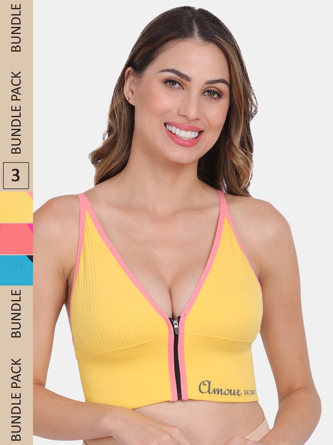 

Amour Secret Pack Of 3 Lightly Padded & Non-Wired Seamless Workout Bra, Blue