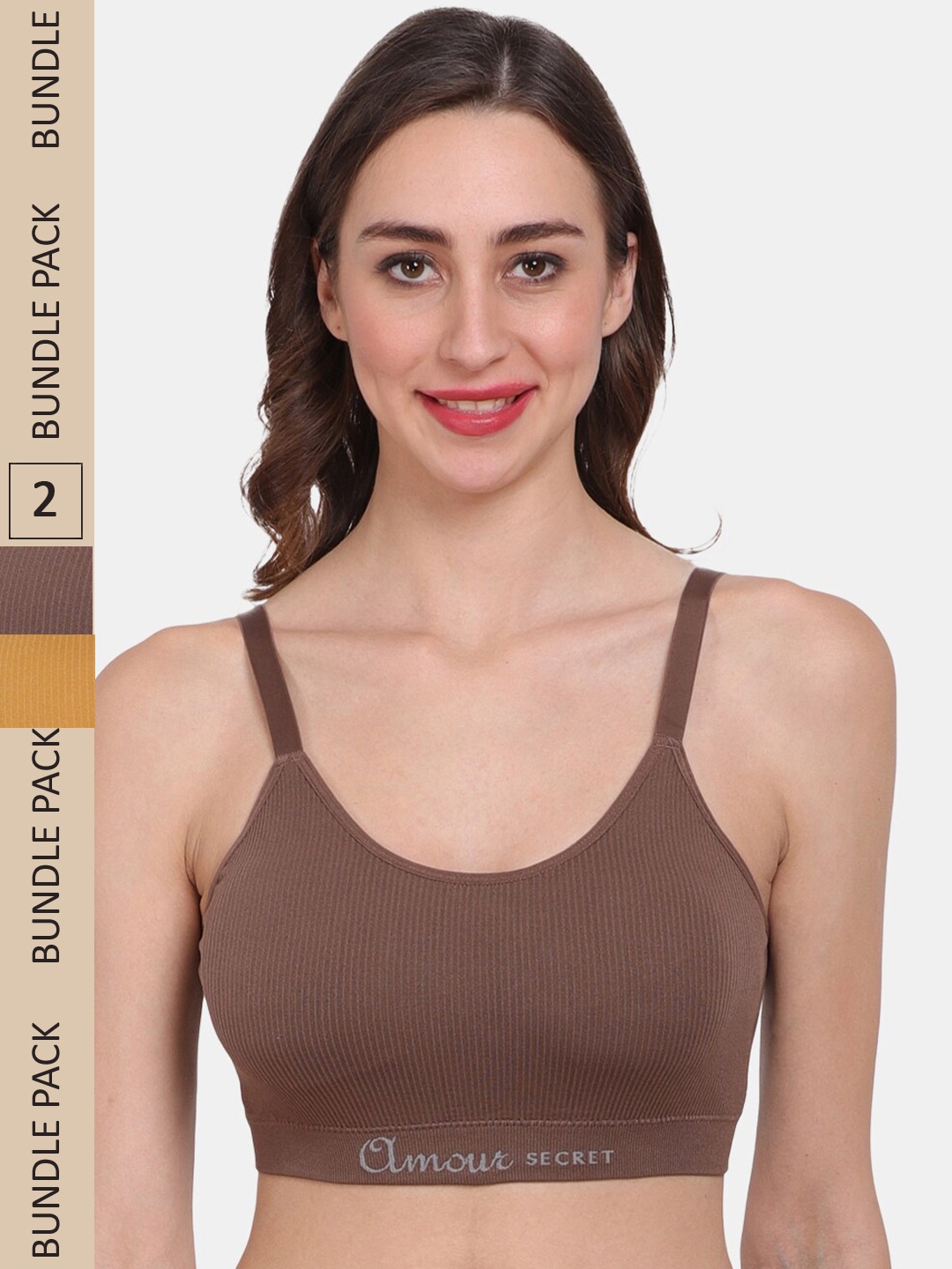 

Amour Secret Pack Of 2 Non Wired Removable Lightly Padded Workout Sports Bra, Brown