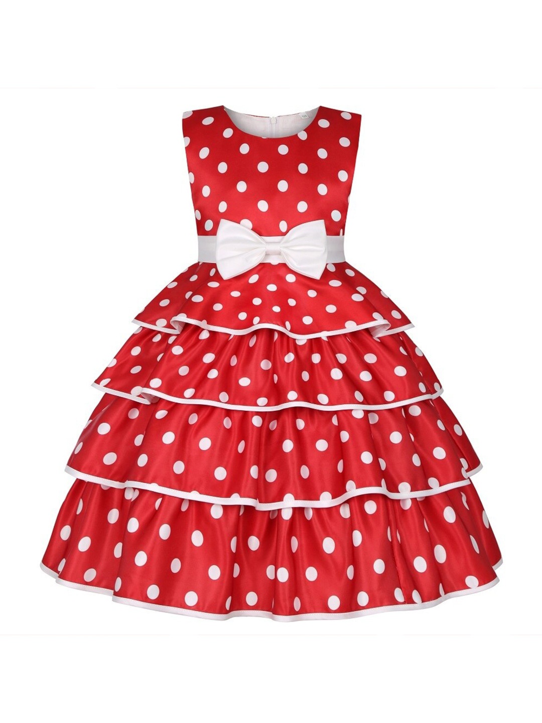 

R Cube Polka Dots Printed Sleeveless Layered Peplum Dress, Red