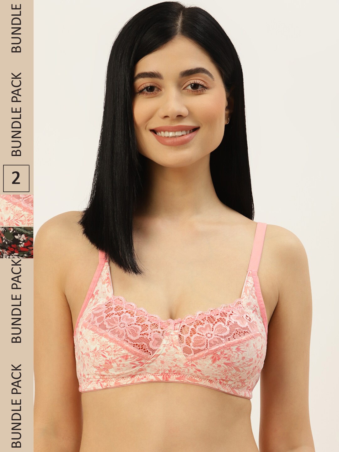 

DressBerry Pack of 2 Non Padded Floral Full Coverage Bra, Pink