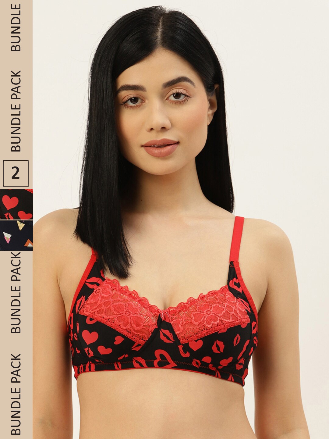 

DressBerry Pack of 2 Printed Non Padded Full Coverage Bra, Red