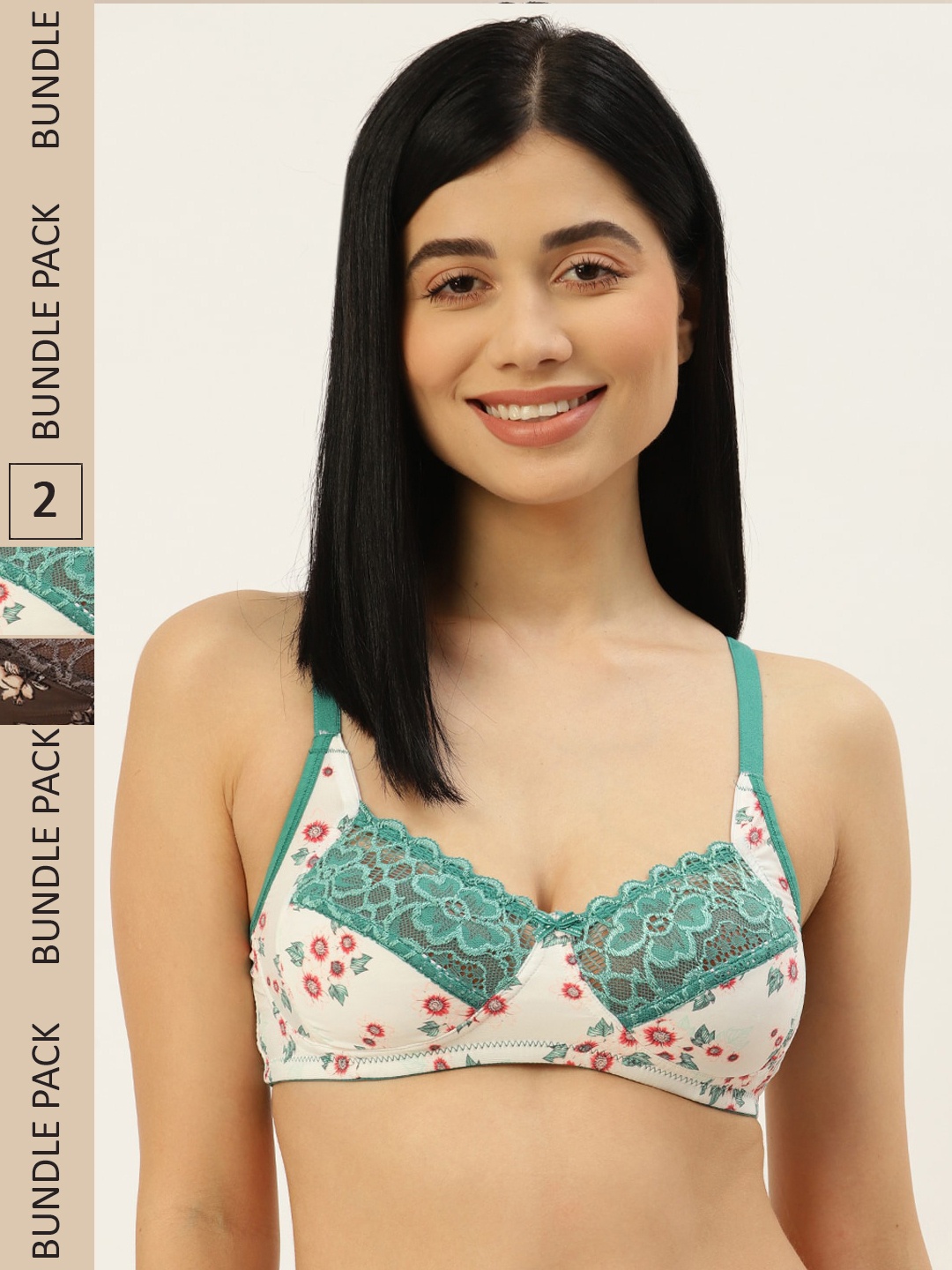 

DressBerry Pack of 2 Non Padded Full Coverage Floral Bra, White