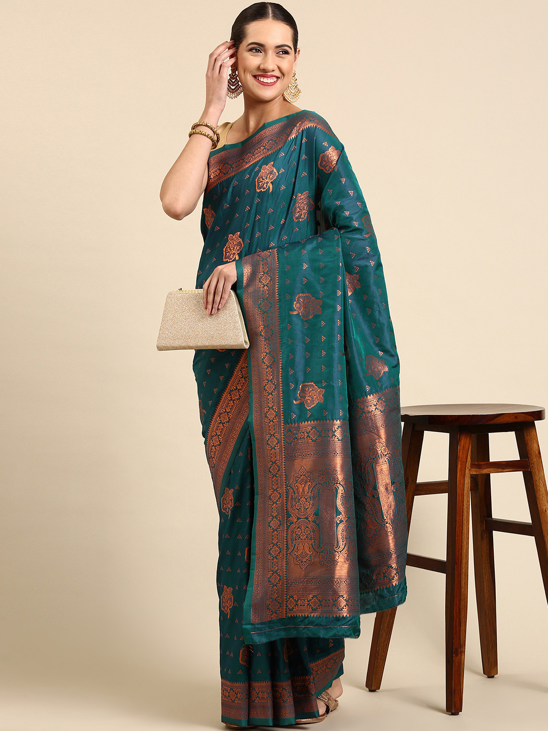 

Mitera Navy Blue & Rose Gold Ethnic Motifs Zari Silk Blend Banarasi Saree