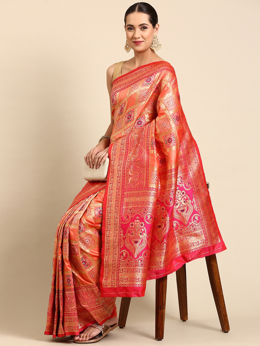 

Mitera Coral & Pink Ethnic Motifs Zari Silk Blend Banarasi Patola Saree