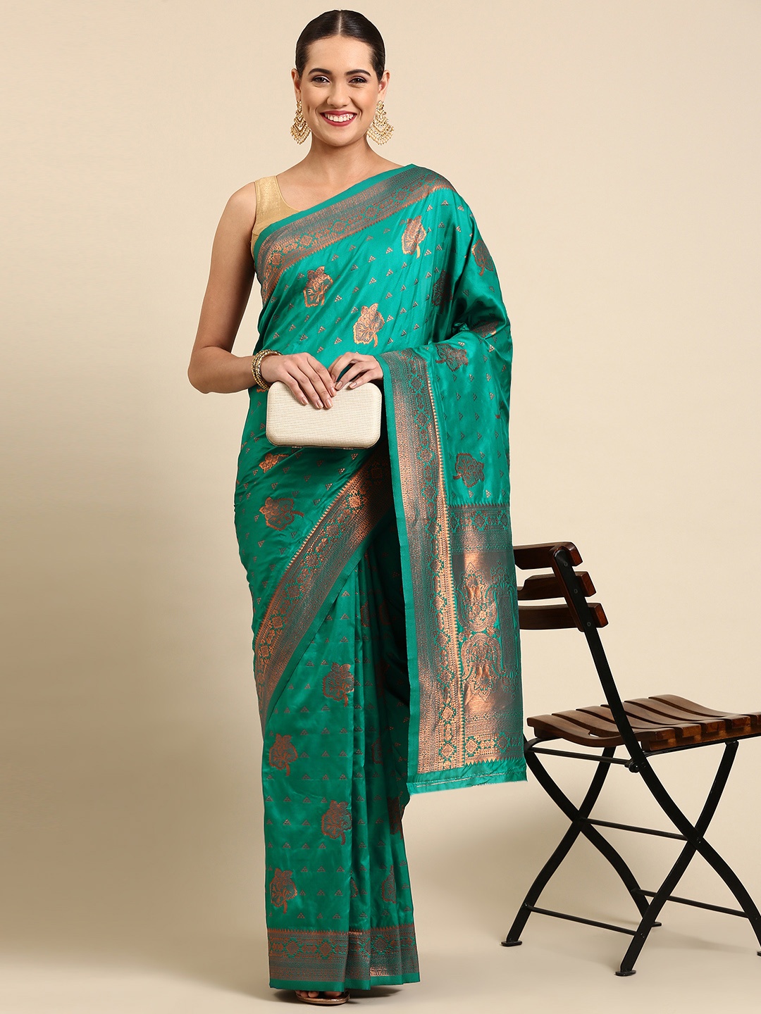 

Mitera Teal & Gold-Toned Floral Zari Silk Blend Banarasi Saree