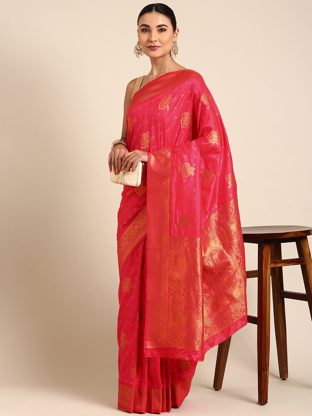

Mitera Pink Floral Zari Silk Blend Banarasi Saree