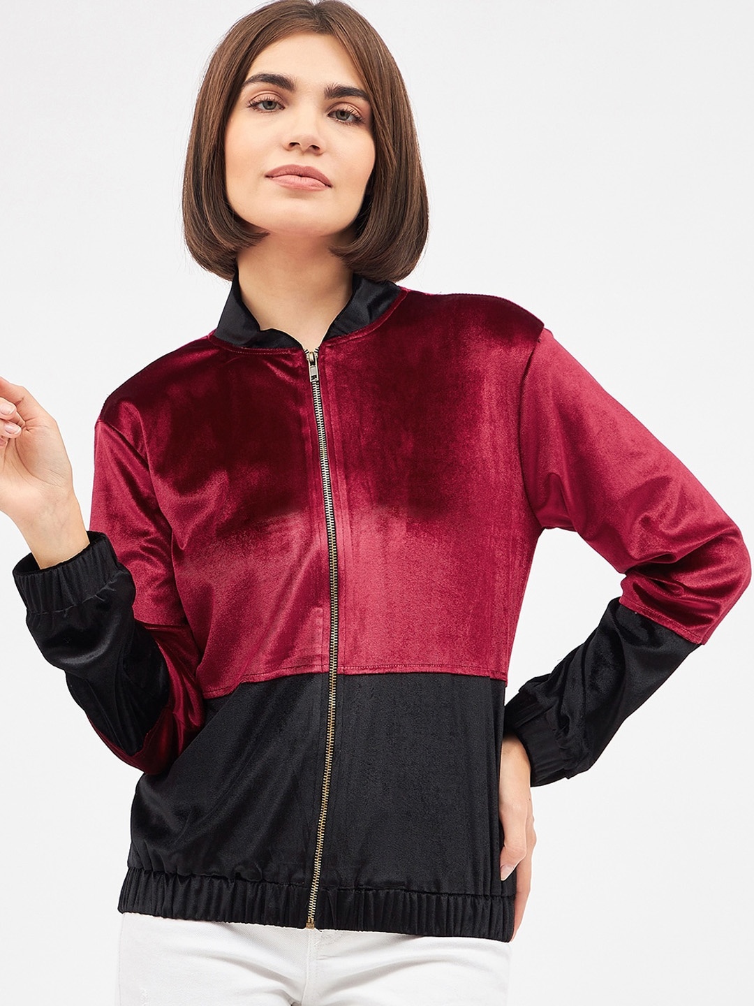

Kibo Women Colourblocked Corduroy Bomber Jacket, Burgundy