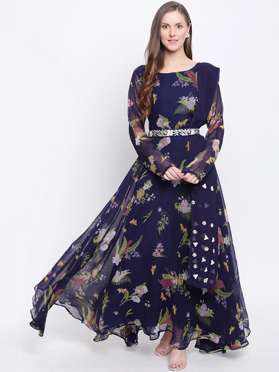 

PRENEA Floral Printed Georgette Maxi Dress, Navy blue