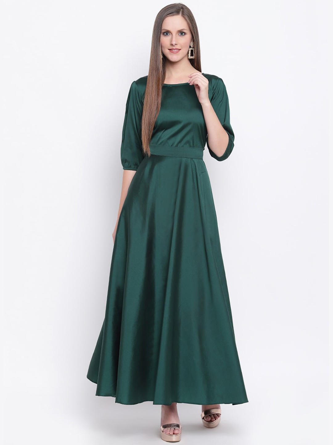 

PRENEA Puff Sleeves Satin Maxi Dress, Green
